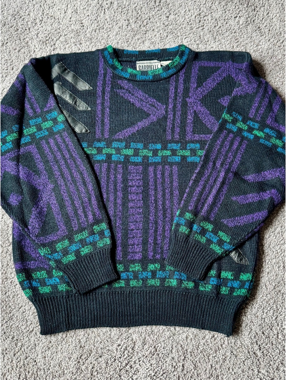 Gabrielle Vintage Geometric Pattern Sweater with Leather Accents Size L